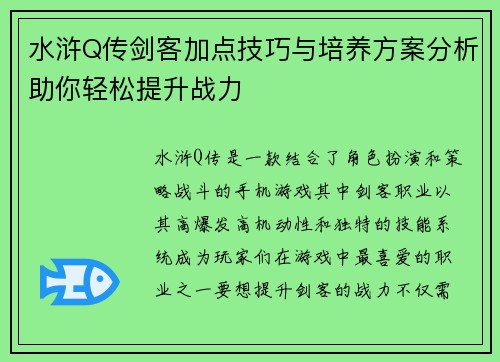 水浒Q传剑客加点技巧与培养方案分析助你轻松提升战力